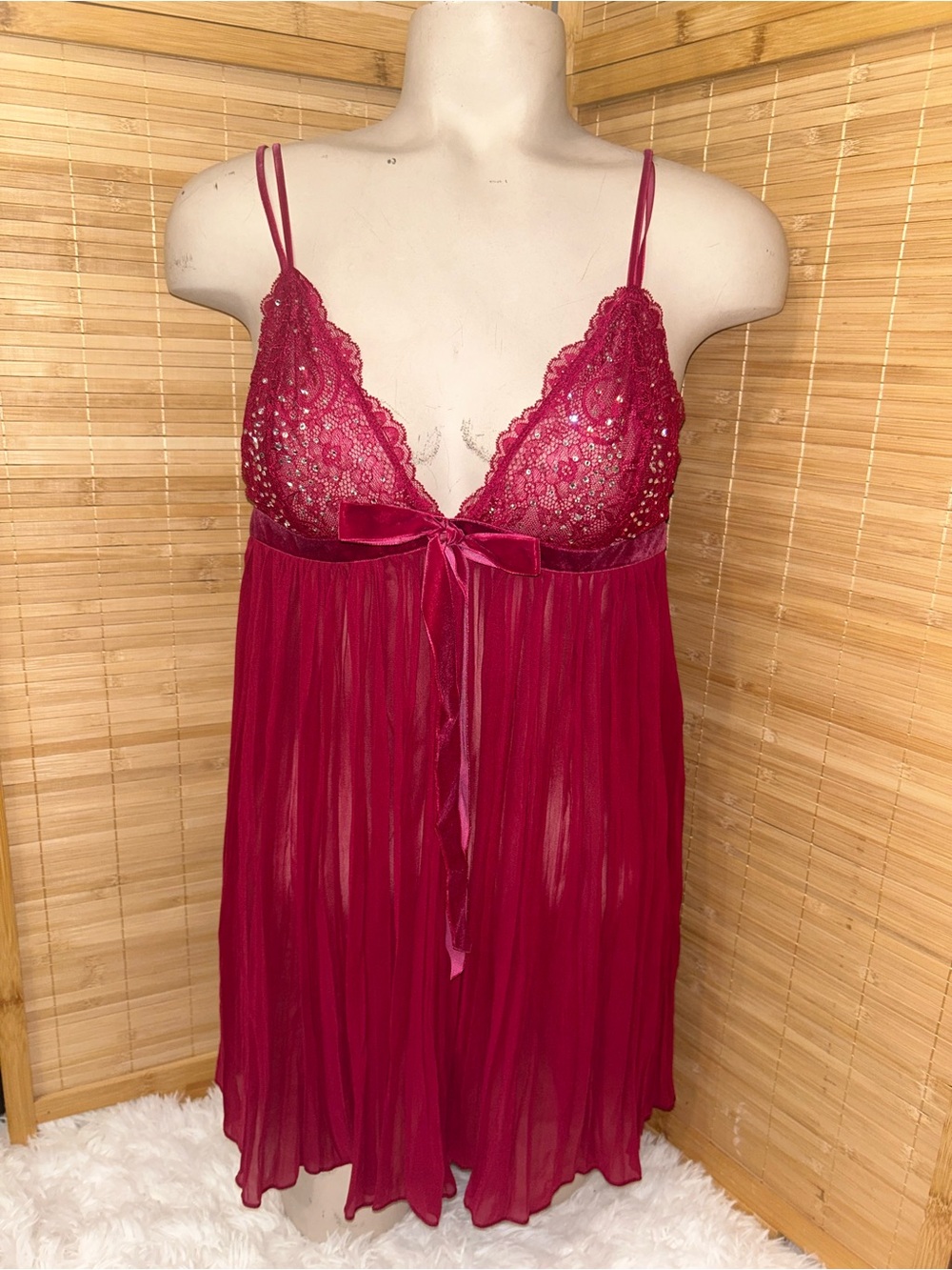 Victoria’s Secret Red Burgundy Pleated Babydoll Chemise sheer lace Lingerie top